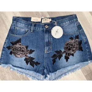Umgee Denim Shorts Women Blue Floral Embroidered Frayed Hem Size 5